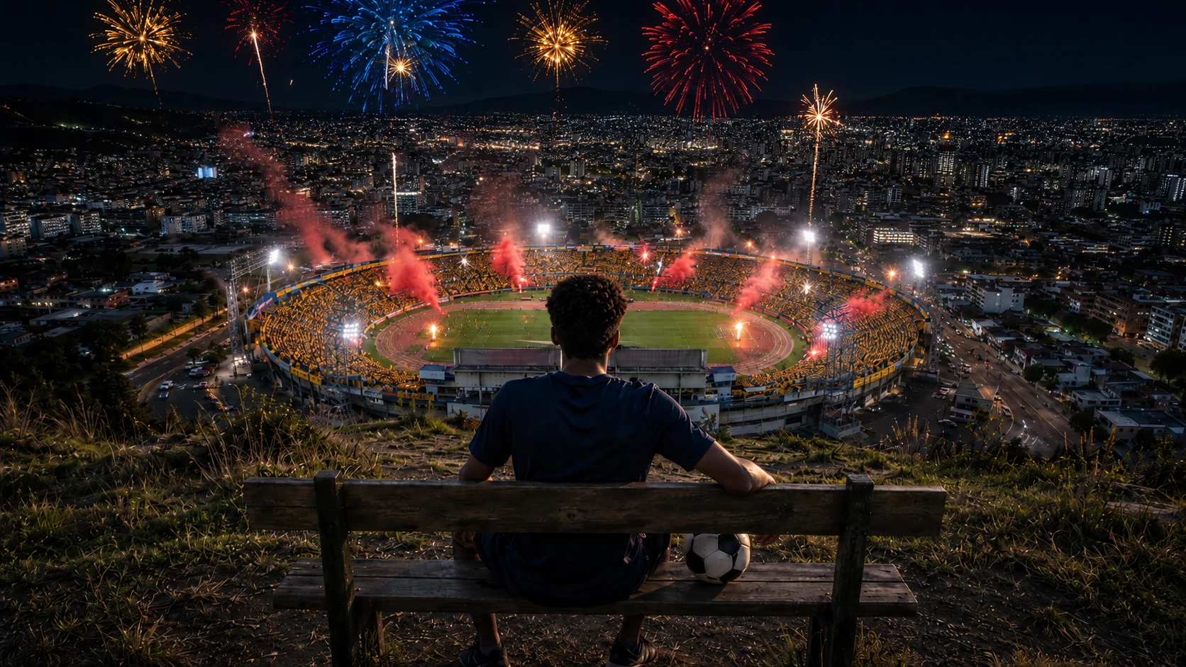 Joven futbolista mirando el estadio desde lo alto de la ciudad